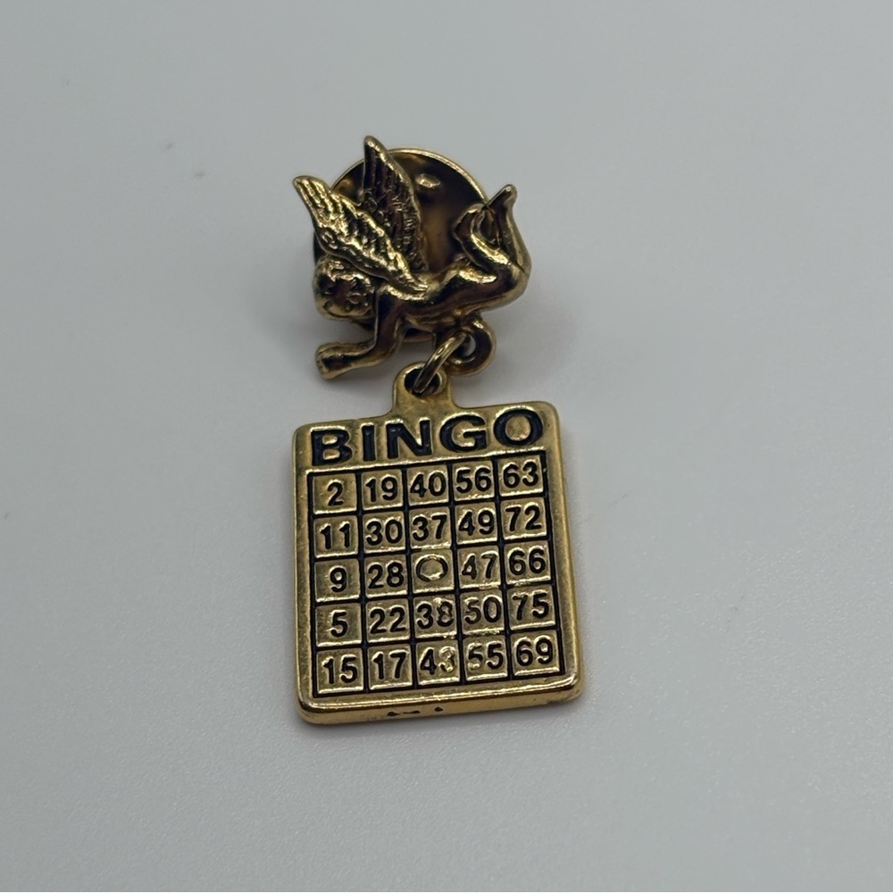 Vintage Bingo Angel Cherub Lapel Pin Gold Tone Bingo Card Charm